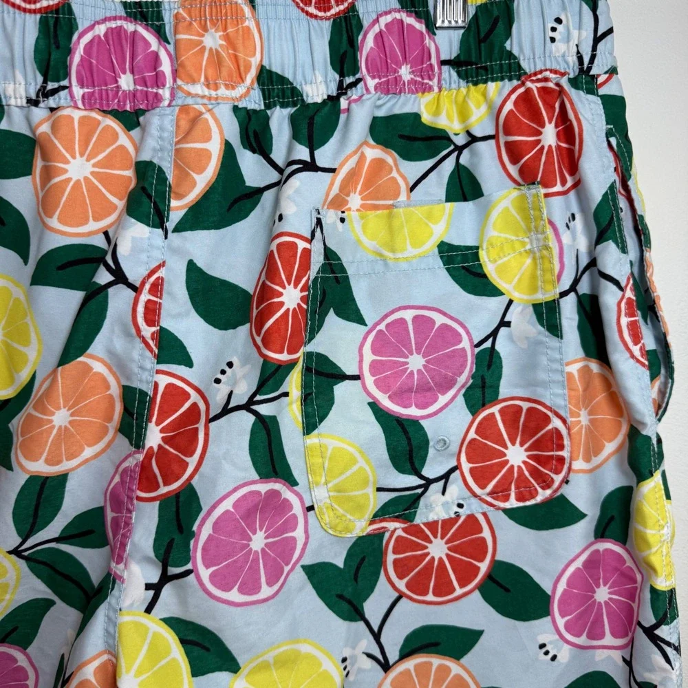 Hanna Andersson Citrus Print Swim Trunks‎ Mens L Blue Lemon Orange Beach Shorts